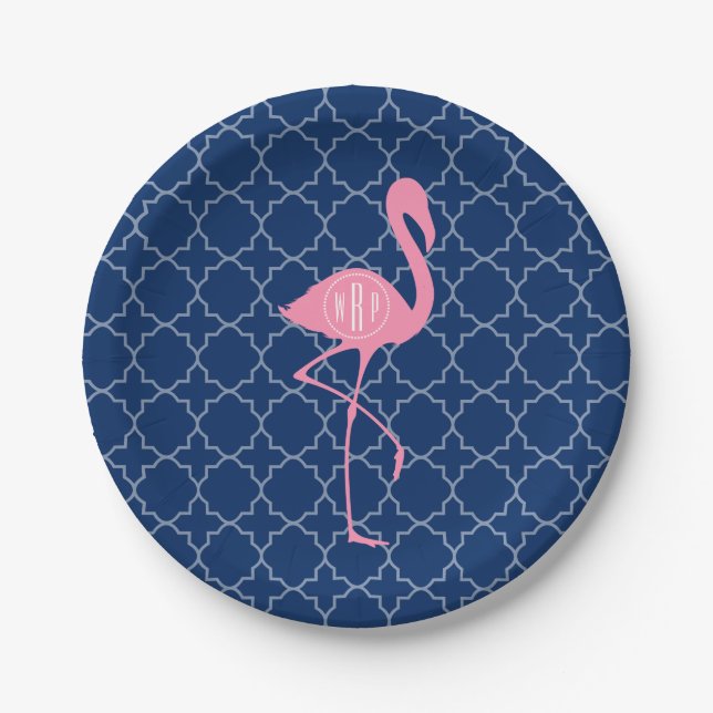 Monogramm-rosa Flamingo-Marine Quatrefoil Pappteller (Vorderseite)