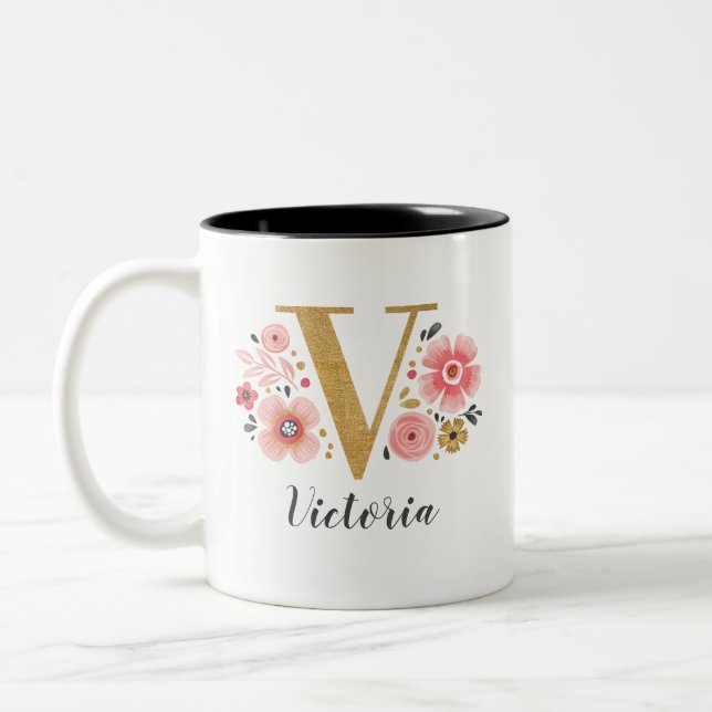 Monogramm rosa Floral Anfangsbuchstabe V Zweifarbige Tasse (Links)