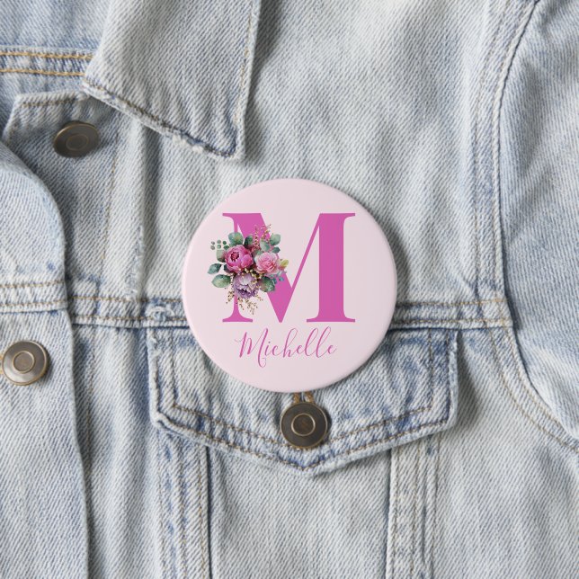 Monogramm Rosa Florale Wasserfarbe Initiale Name Button (Beispiel)