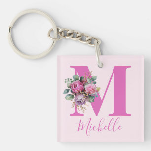 Monogramm Rosa Florale Wasserfarbe Initiale Name Schlüsselanhänger