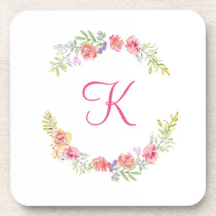 Monogramm Rosa, Gelb und Grün Floral Wasserfarbe  Getränkeuntersetzer