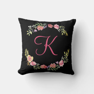 Monogramm Rosa, Gelb und Grün Floral Wasserfarbe Kissen