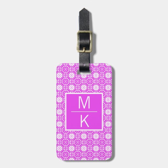 Monogramm Rosa gepolsterte Blume Square Splitter Gepäckanhänger (Vorderseite vertikal)