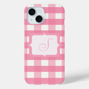 Monogramm-rosa Gingham iPhone 15 Hülle