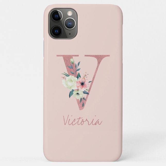 Monogramm Rosa Glitzer Blume Letter V Light Pink Case-Mate iPhone Hülle (Rückseite)
