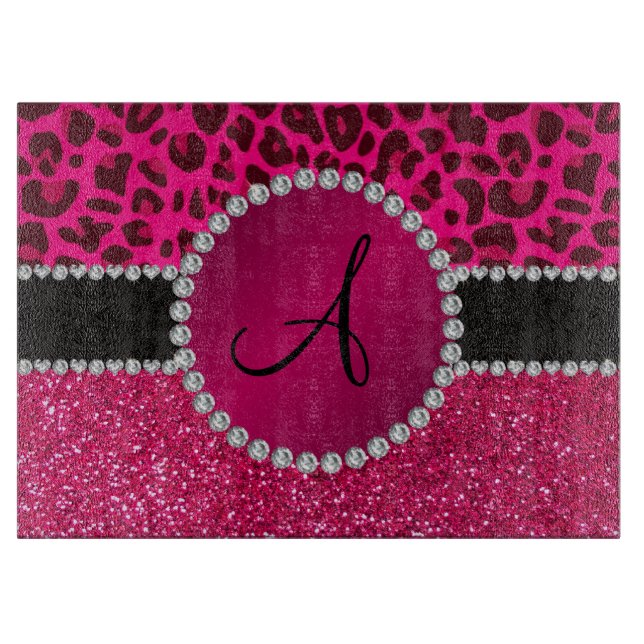 Monogramm rosa Glitzer Nadeln heißen rosa Leopard Schneidebrett (Vorderseite)