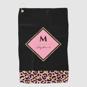 Monogramm Rosa & Gold Leopardenprint   Farbblock Golfhandtuch