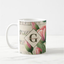Monogramm Rosa & Grün Vintage Tulpen Notenblatt