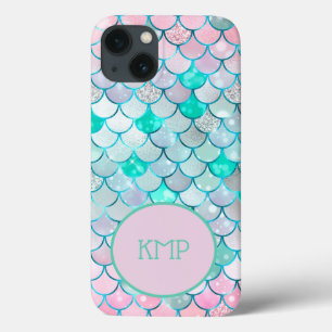 Monogramm Rosa Grüne Glitzer Meerjungfrau Schuppen Case-Mate iPhone Hülle