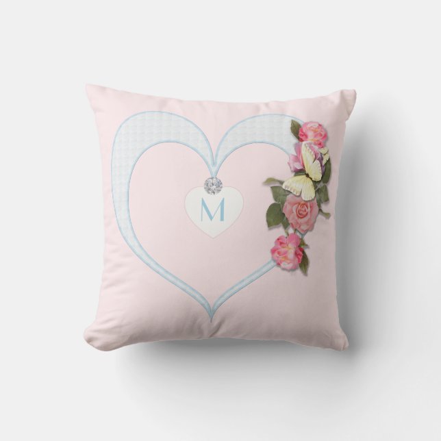 Monogramm-Rosa, Herz, Blumen, Schmetterling - Kissen (Vorderseite)