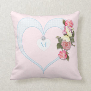 Monogramm-Rosa, Herz, Blumen, Schmetterling - Kissen