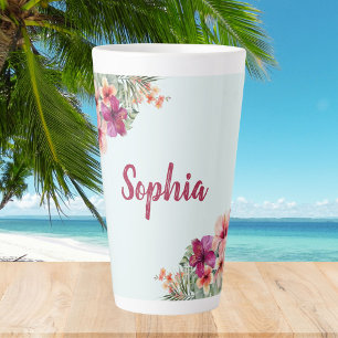 Monogramm Rosa Hibiskusblüten Tropisches Floral  Milchtasse