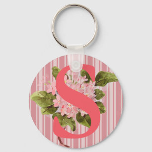 Monogramm Rosa Hortensienblüten Streifen Weiblich Schlüsselanhänger