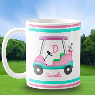 Monogramm Rosa Leder Eleganter Golfwagen Name Kaffeetasse