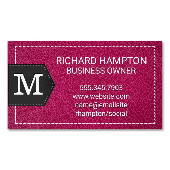 Monogramm | Rosa Leder und Pflaster Magnetische Visitenkarte (Vorderseite)