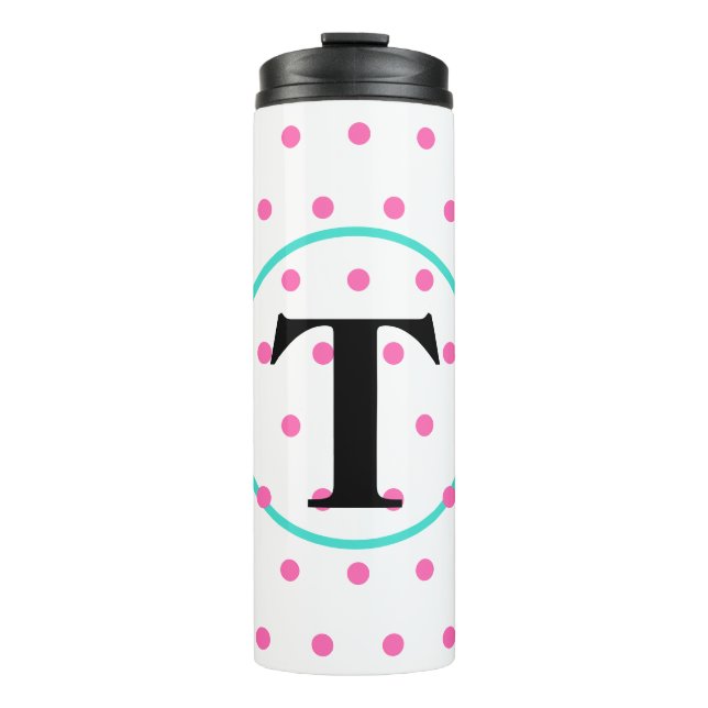 Monogramm rosa Punkte Thermosbecher (Vorderseite)