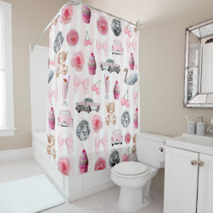 Monogramm Rosa Retro Disco Ball Coquette Duschvorhang