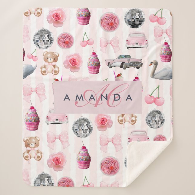 Monogramm Rosa Retro Disco Ball Coquette Sherpadecke (Vorderseite)