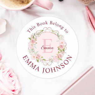 Monogramm Rosa Rose Dieses Buch gehört zu Bookplat Runder Aufkleber