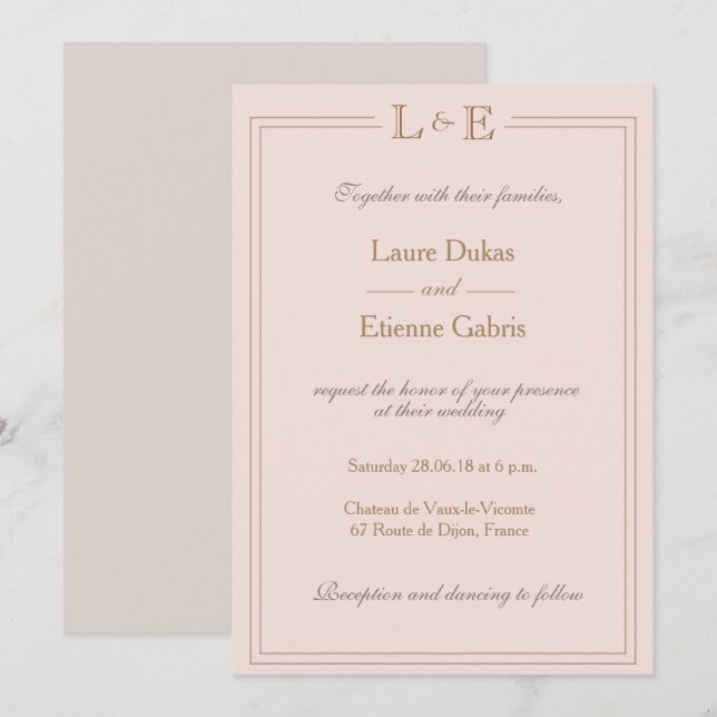 Monogramm Rosa Rose Grau Moderne Hochzeit Einladung (Vorne/Hinten)