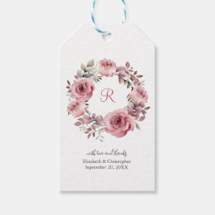 Monogramm Rosa Rosen Grünzeug Aquarell Hochzeit Geschenkanhänger