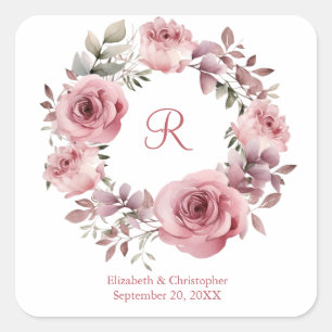 Monogramm Rosa Rosen Grünzeug Aquarell Hochzeit Quadratischer Aufkleber