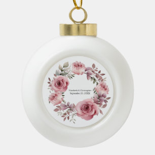 Monogramm Rosa Rosen Grünzeug Wasserfarben Hochzei Keramik Kugel-Ornament