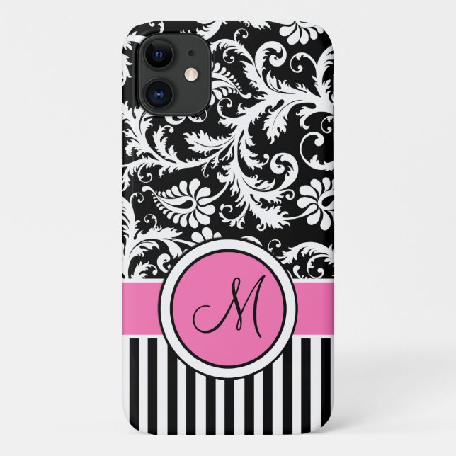 Monogramm, rosa, schwarz, weiß gestreifte Damaskof Case-Mate iPhone Hülle (Rückseite)