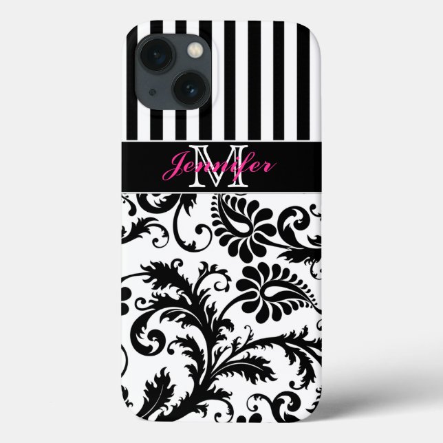 Monogramm Rosa Schwarz-weiß gestrichelte Damaske i Case-Mate iPhone Hülle (Rückseite)