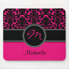 Monogramm-rosa Schwarz-weißer Damast Mousepad