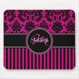 Monogramm-rosa Schwarz-weißer Streifen-Damast Mousepad