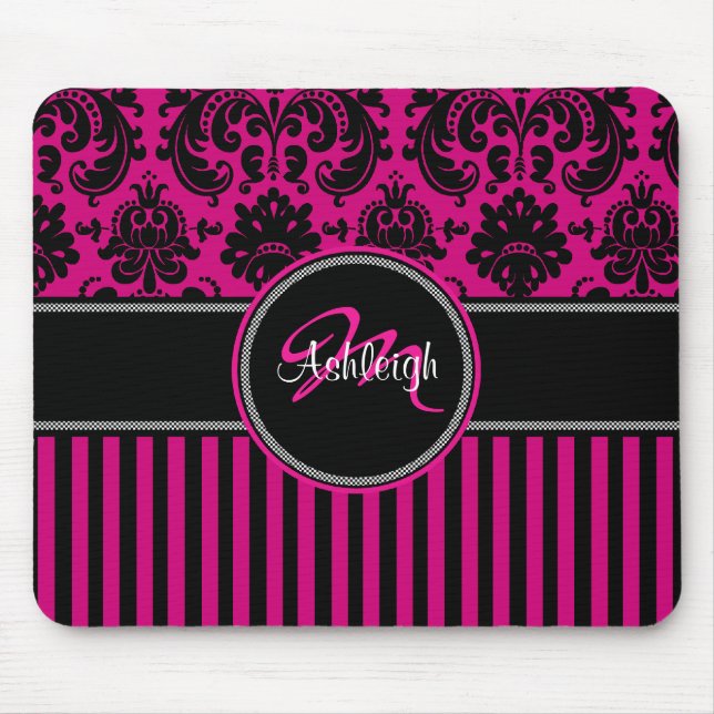 Monogramm-rosa Schwarz-weißer Streifen-Damast Mousepad (Vorne)