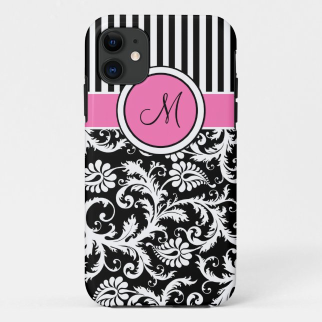 Monogramm-rosa Schwarz-weißes gestreiftes Damast Case-Mate iPhone Hülle (Rückseite)