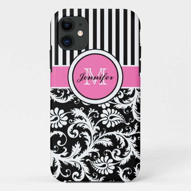 Monogramm-rosa Schwarz-weißes gestreiftes Damast Case-Mate iPhone Hülle (Rückseite)
