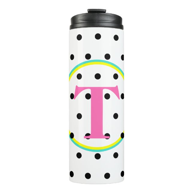 Monogramm rosa schwarze Punkte Thermosbecher (Vorderseite)