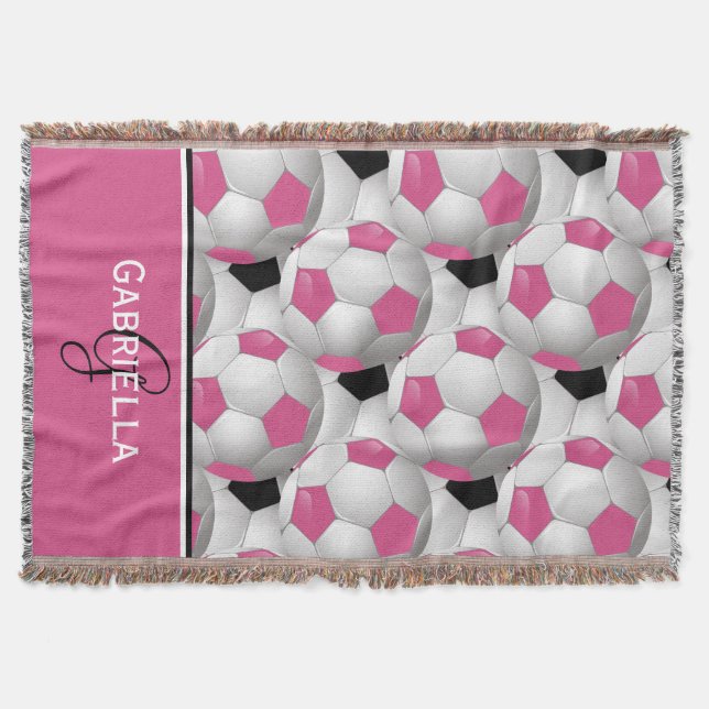 Monogramm rosa Schwarzer Fußball-Kugelmuster Decke (Vorderseite)