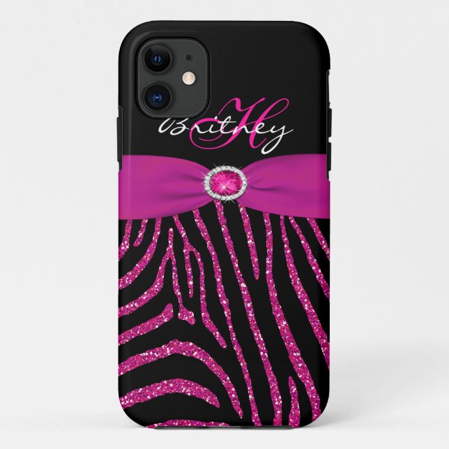 Monogramm-Rosa, schwarzer GlitzerZebra iPhone 5 Case-Mate iPhone Hülle (Rückseite)