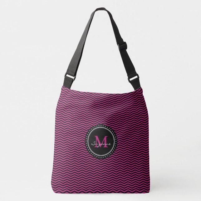 Monogramm rosa schwarzes abstraktes Zickzack | Tragetaschen Mit Langen Trägern (Vorderseite)
