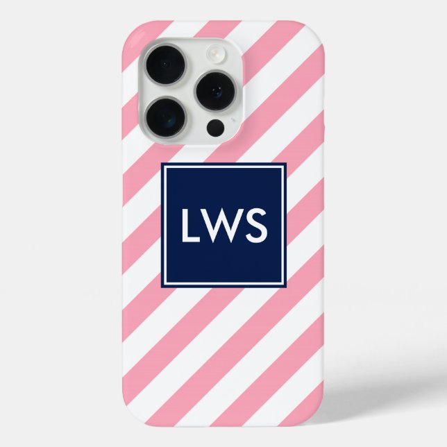 Monogramm rosa und blaue Diagonalstreifen iPhone 15 Pro Hülle (Rückseite)