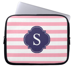 Monogramm Rosa und Blaue Streifen Laptopschutzhülle