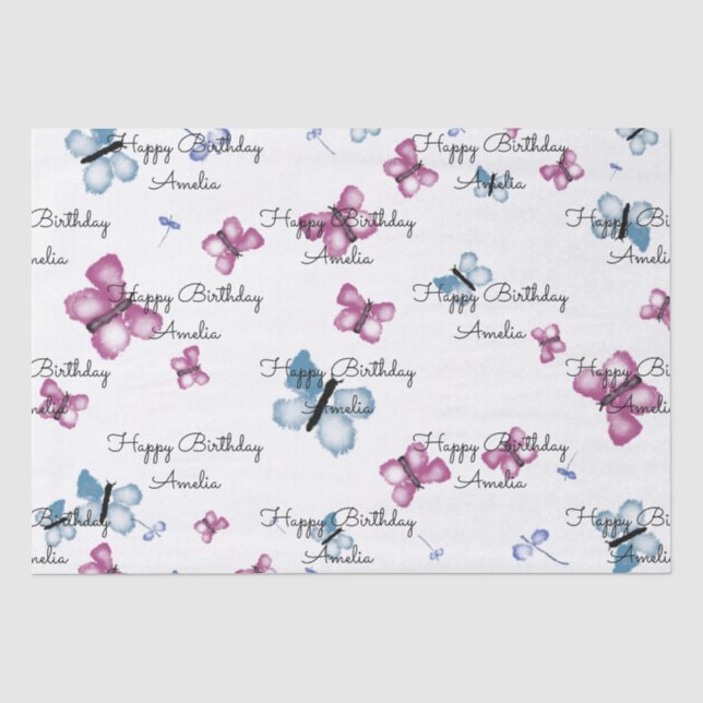 Monogramm Rosa und Blauer Schmetterling Seidenpapier (Vorderseite)