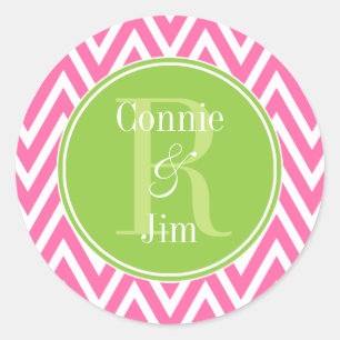 Monogramm rosa und grüne Chevronen Runder Aufkleber