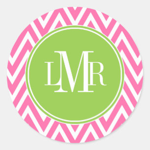 Monogramm rosa und grüne Chevronen Runder Aufkleber
