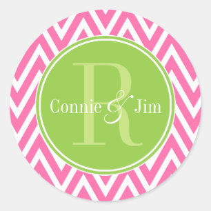 Monogramm rosa und grüne Chevronen Runder Aufkleber