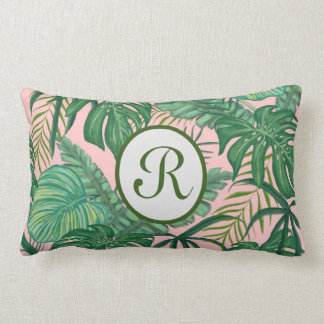 Monogramm, rosa und grünes Blattkissen Lendenkissen