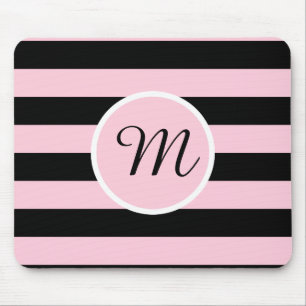Monogramm Rosa und Schwarz Streifen Mousepad
