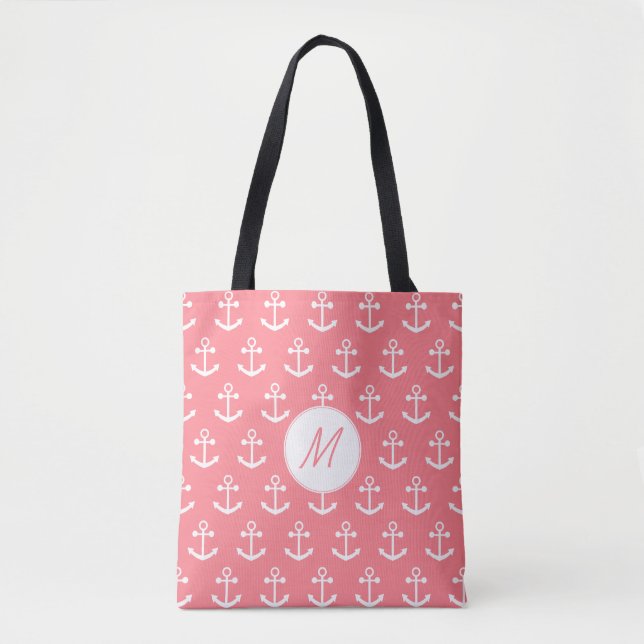 Monogramm Rosa und Weiß Anker Tasche (Vorderseite)