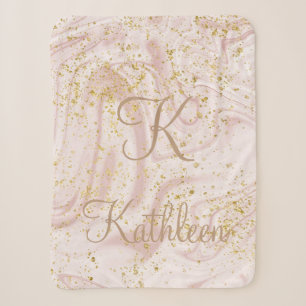 Monogramm Rosa und Weiß Marmor Wirbel Gold Glitter Sherpadecke
