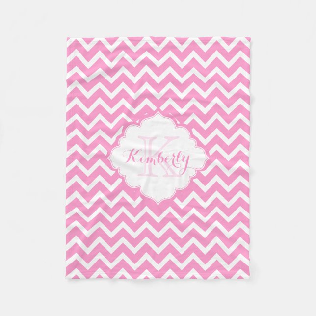 Monogramm Rosa und Weiß Zickzack-Chevron Fleecedecke (Vorderseite)