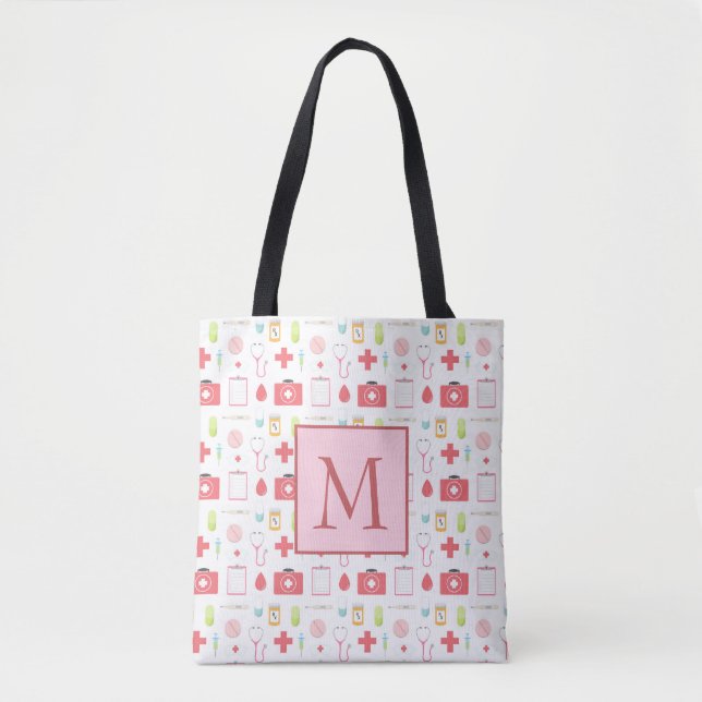 Monogramm-rosa und weiße Krankenschwester Tasche (Vorderseite)